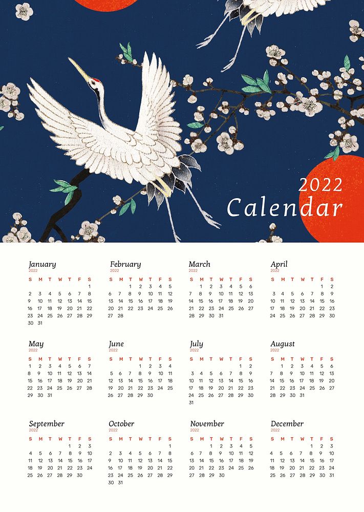Japanese crane 2022 monthly calendar template psd, vintage pattern. Remix from vintage artwork by Watanabe Seitei