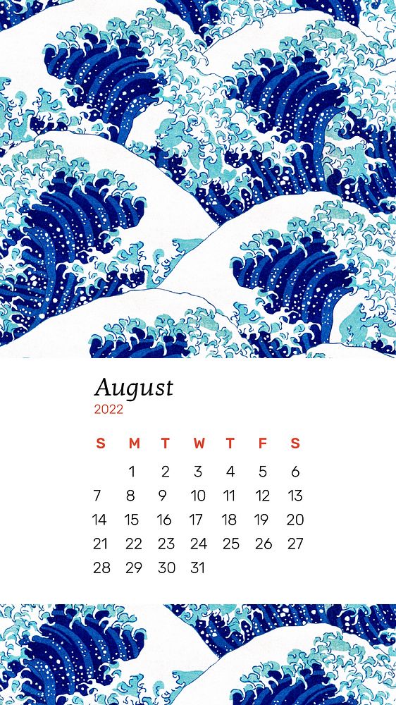Wave 2022 August calendar template, iPhone wallpaper vector. Remix from vintage artwork by Hokusai