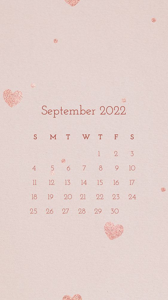 Hearts 2022 September calendar template, mobile wallpaper vector