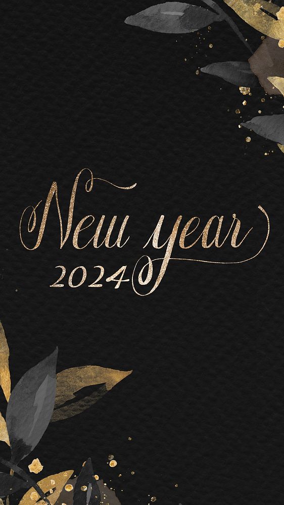 New year 2024 phone wallpaper, HD gold & dark background with leaf psd