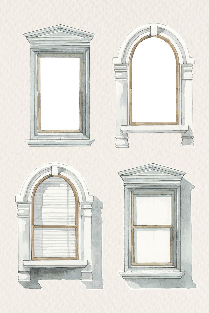 Vintage window architecture watercolor psd illustration set