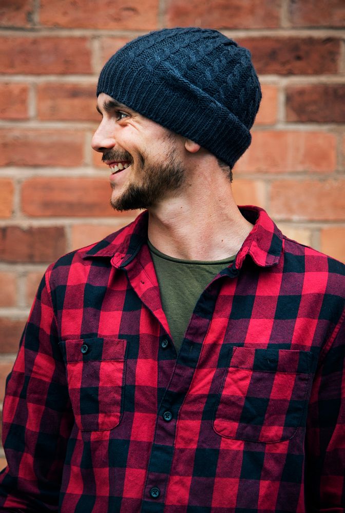 Man Beanie Hat Hipster Style Brick Wall Smiling Concept
