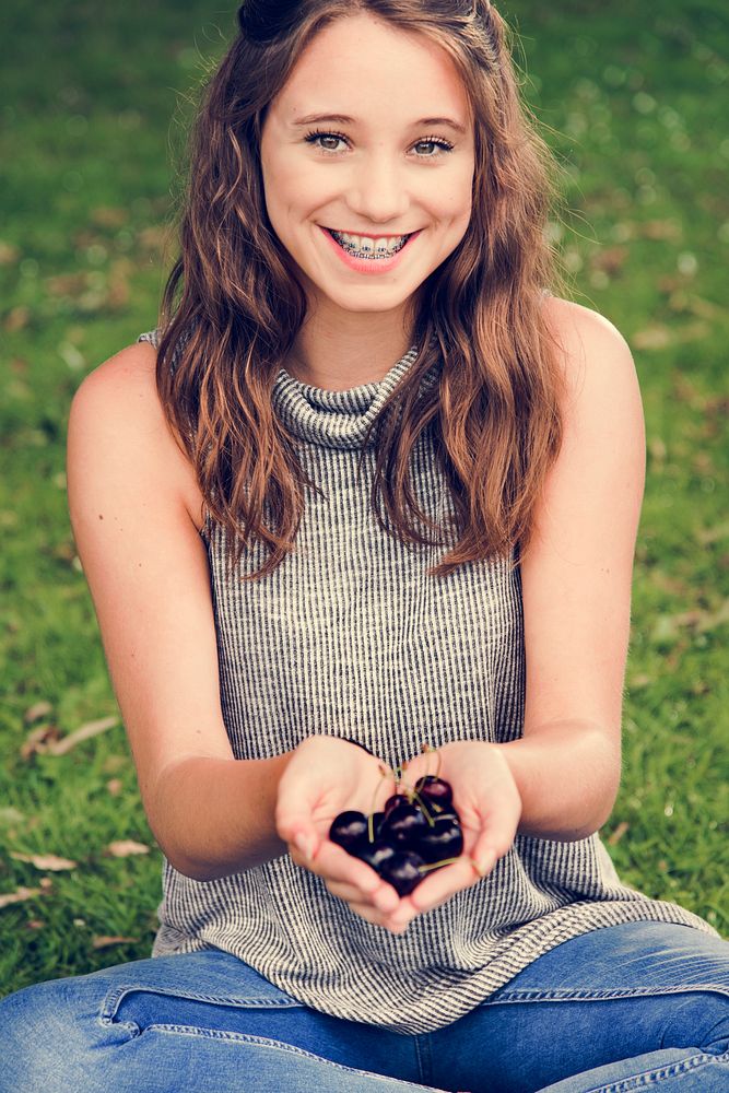 Girl Handful Cherry Smiling Happiness Outdoors Concept