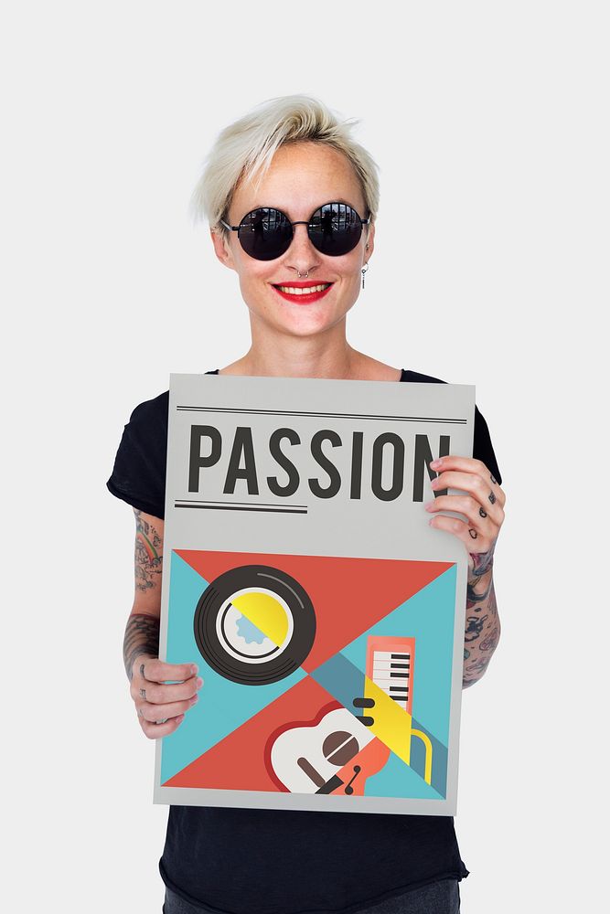 Woman holding banner of music audio passion leisure activity