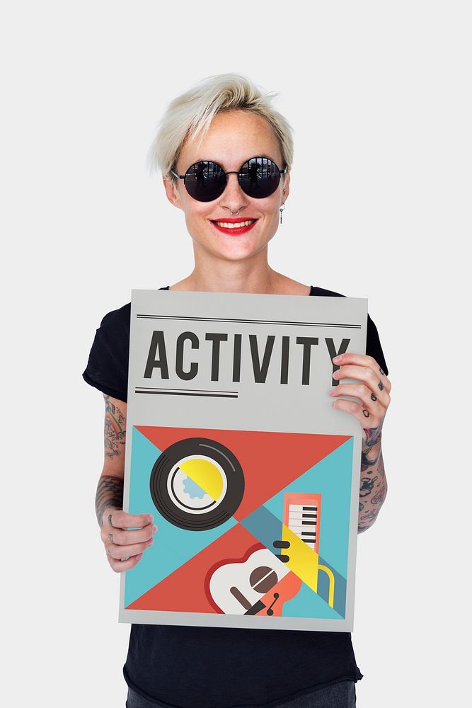 Woman holding banner of music audio passion leisure activity