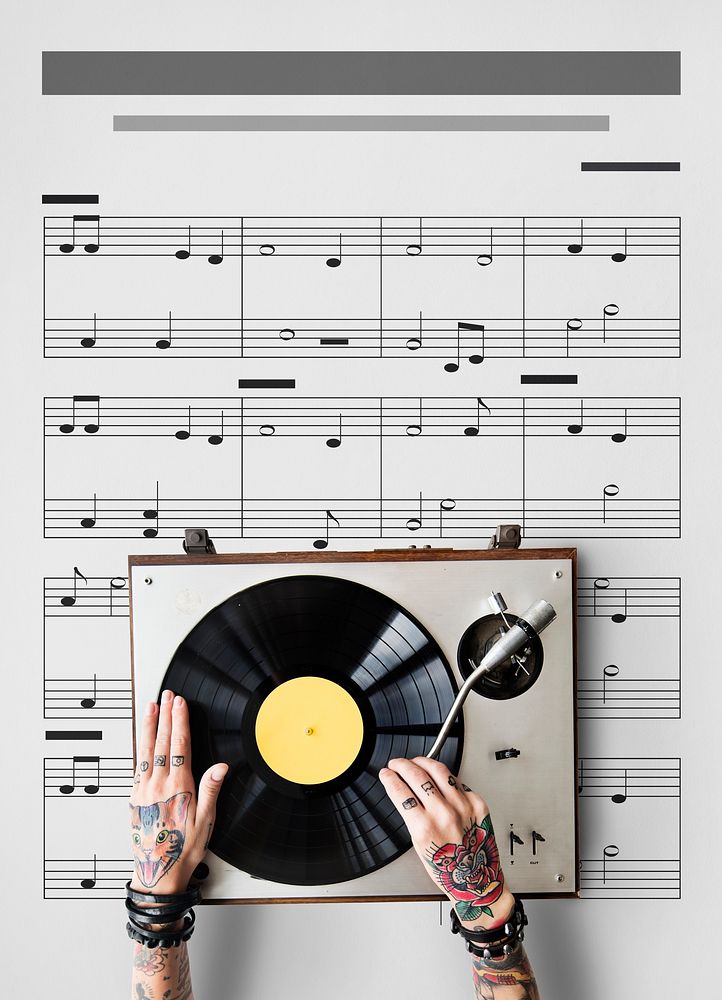 Hands working on musical instrument network graphic overlay background