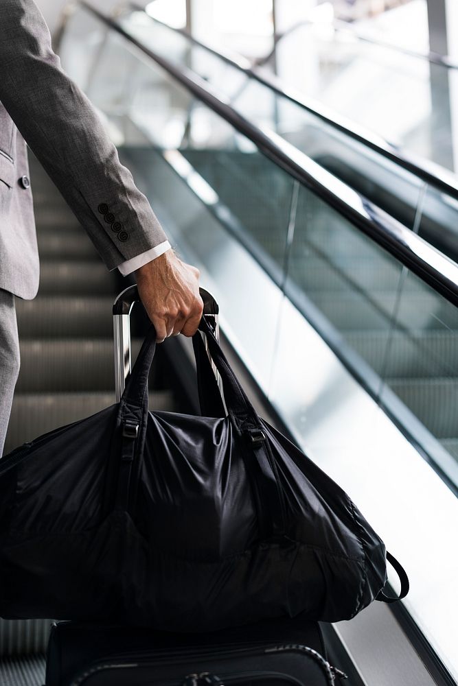 Businessmen Habds Hold Luggage Business Trip Escalator