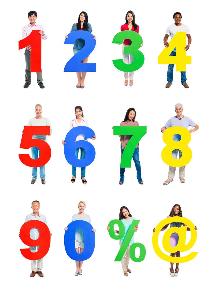 Set of people holding numbers from 0 to 9 including percent and at sign.