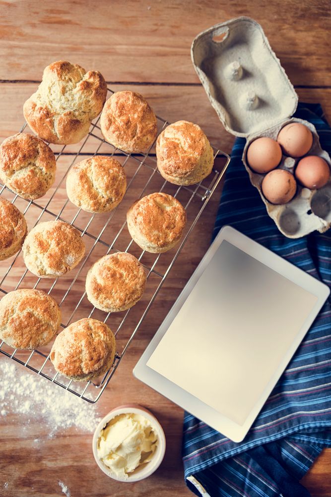 Baked Scone Pastry Eggs Digital Tablet Mockup Concept