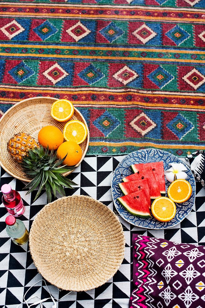 Aerial view of tropical fruits in wooden plates