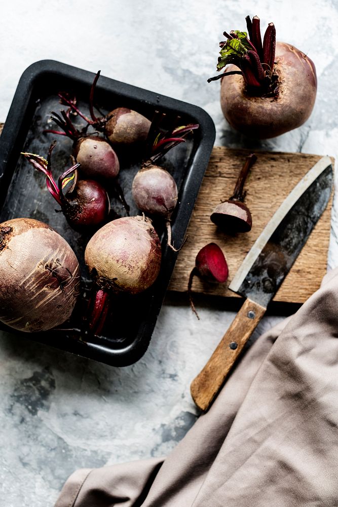 Chopped beet roots cutting board and knife