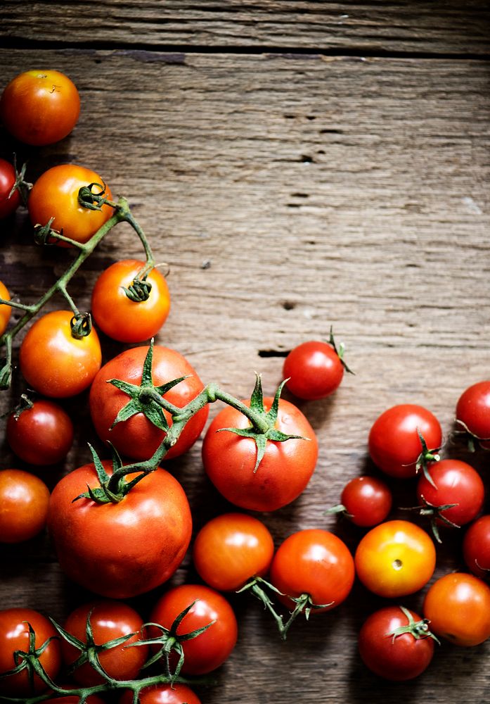 Closeup of fresh organic tomatoes on wooden background