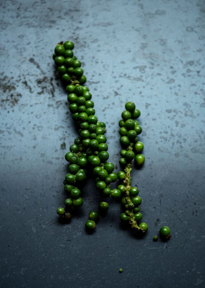 Aerial view of fresh green peppercorns on black background