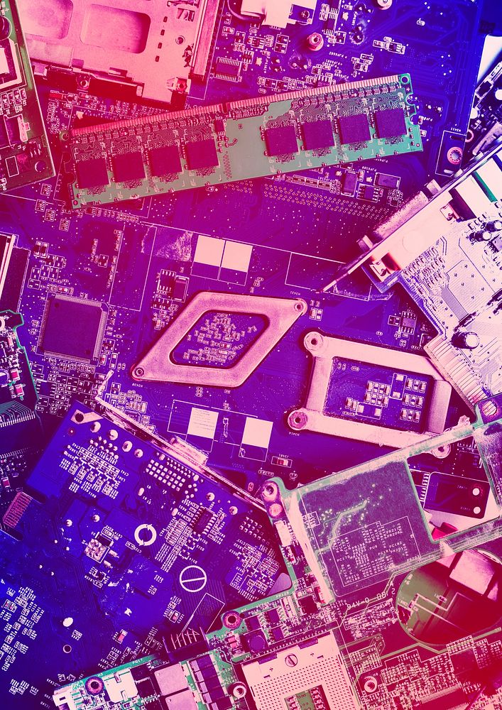 Closeup of electronics computer components microprocessors mainboard