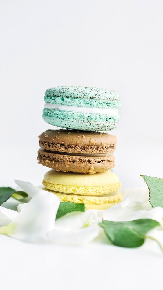 Food phone wallpaper background, stack of macarons