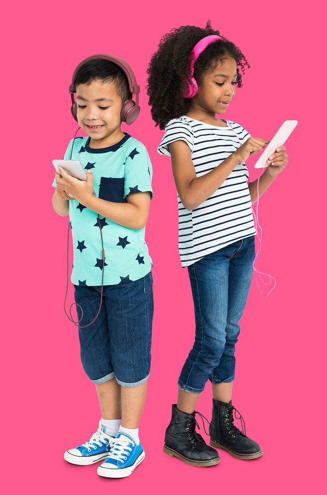 Boy Girl Kid Digital Device Friends Concept