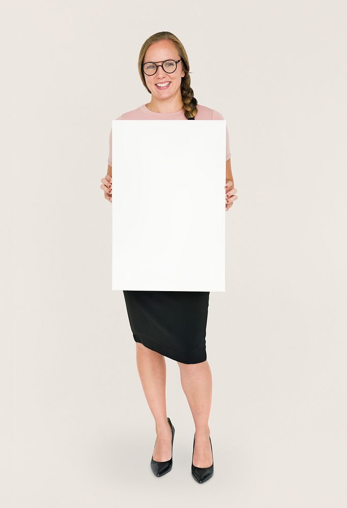 Caucasian Lady Holding Blank Paper Smiling