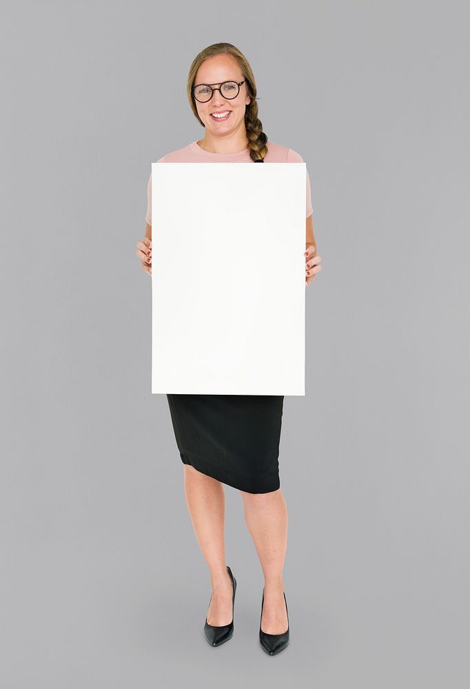 Caucasian Lady Holding Blank Paper Smiling