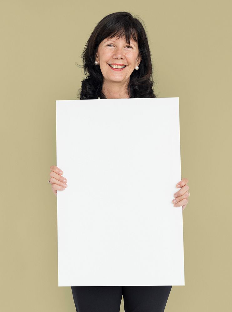 Senior Adult Woman Smiling Holding Banner Copy Space