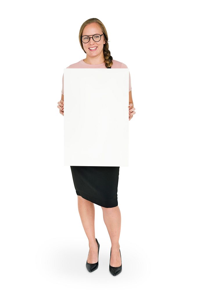 Woman Smiling Holding Banner Copy Space
