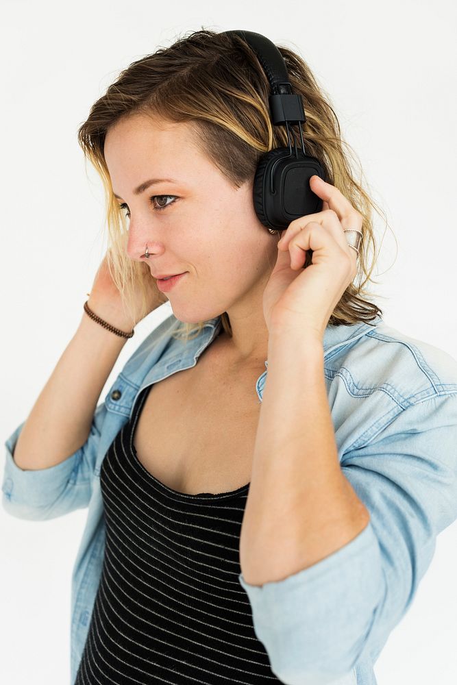 Woman Smiling Happiness Headphones Music Portrait Concept