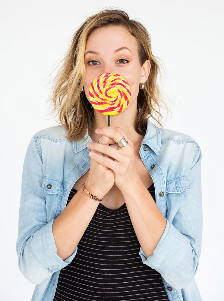 Woman Smiling Happiness Lollipop Portrait Concept