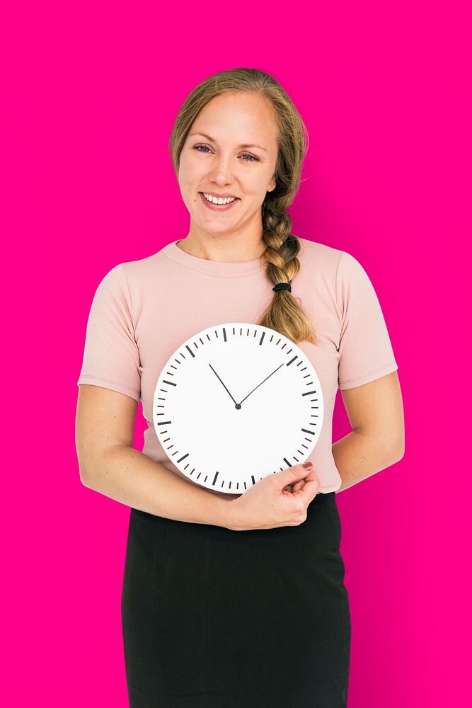 Caucasian Lady Holding Clock Concept