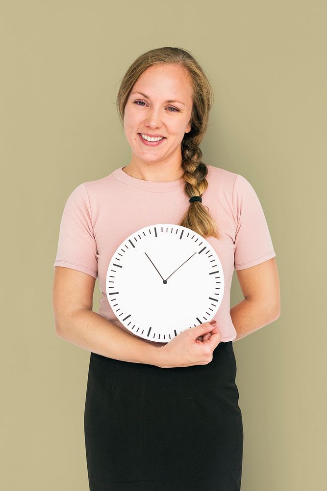 Caucasian Lady Holding Clock Concept