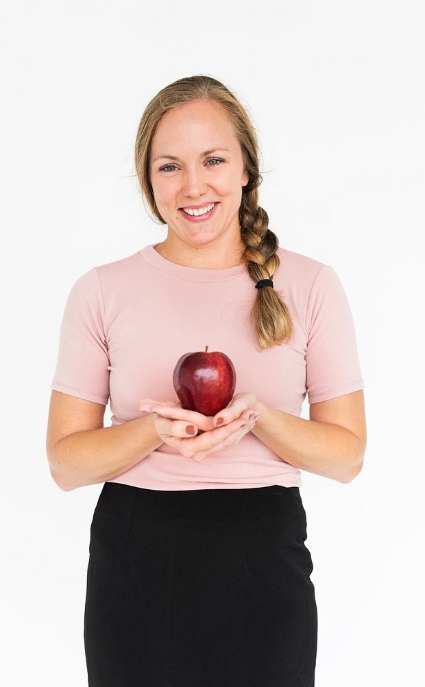 Adult Female Standing Holding Apple Smiling Concept