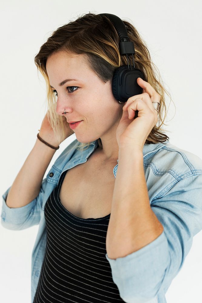 Woman Smiling Happiness Headphones Music Portrait Concept