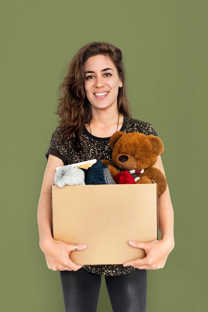 Woman Studio Portriat Casual Carrying a Box Isolated