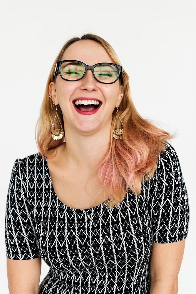Happy woman with glasses and pink hair