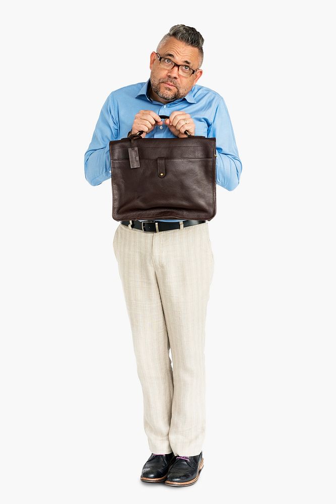 Nerdy older man holding on to a briefcase