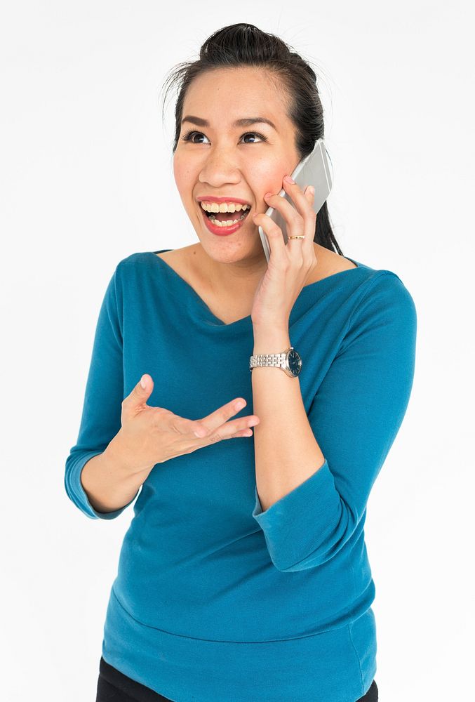 Woman Smiling Happiness Mobile Phone Talking Portrait Concept