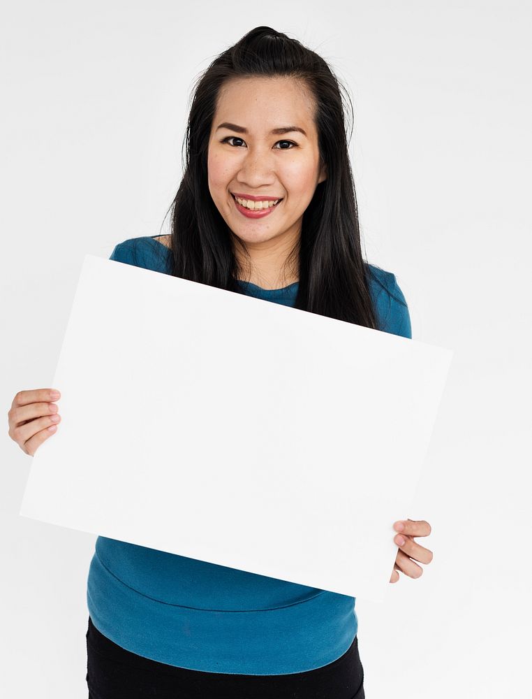 Female Holding White Blank Placard Concept