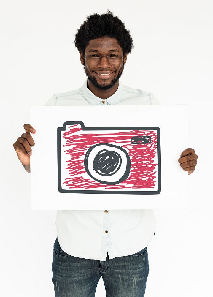 African man holding placard with camera icon
