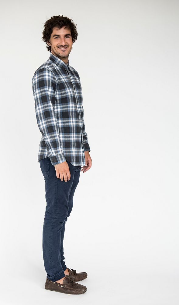 Full body portrait of a guy in a plaid shirt