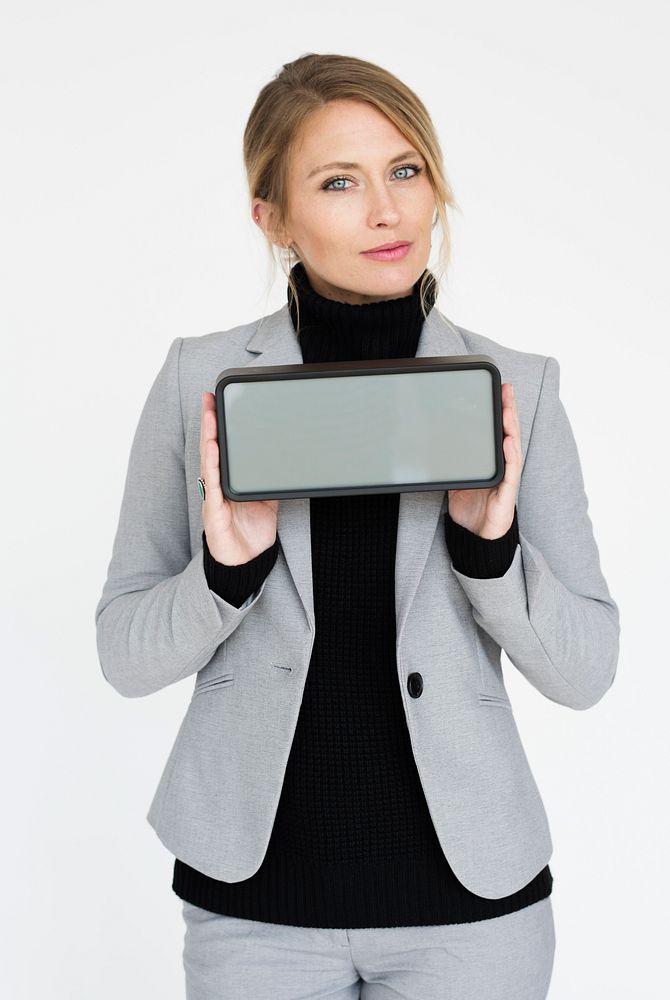 Businesswoman Smiling Holding Alarm Clock Copy Space Portrait Concept