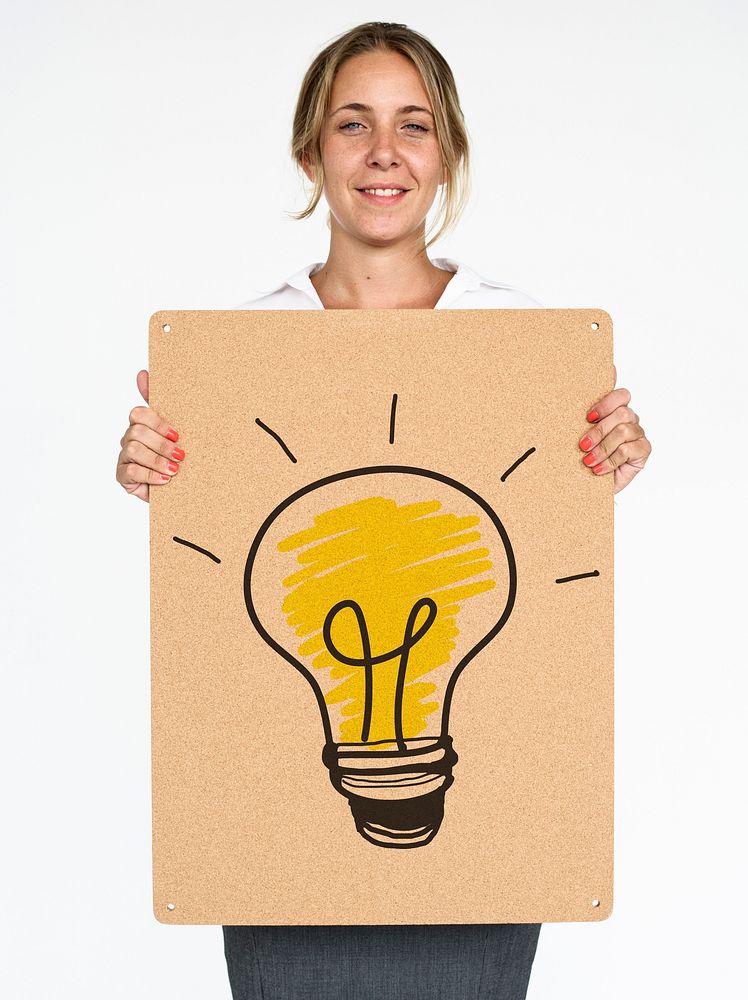 Woman holding placard with lightbulb signal icon