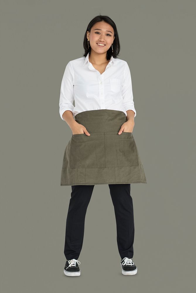 Young Asian Woman Casual Apron Smiling