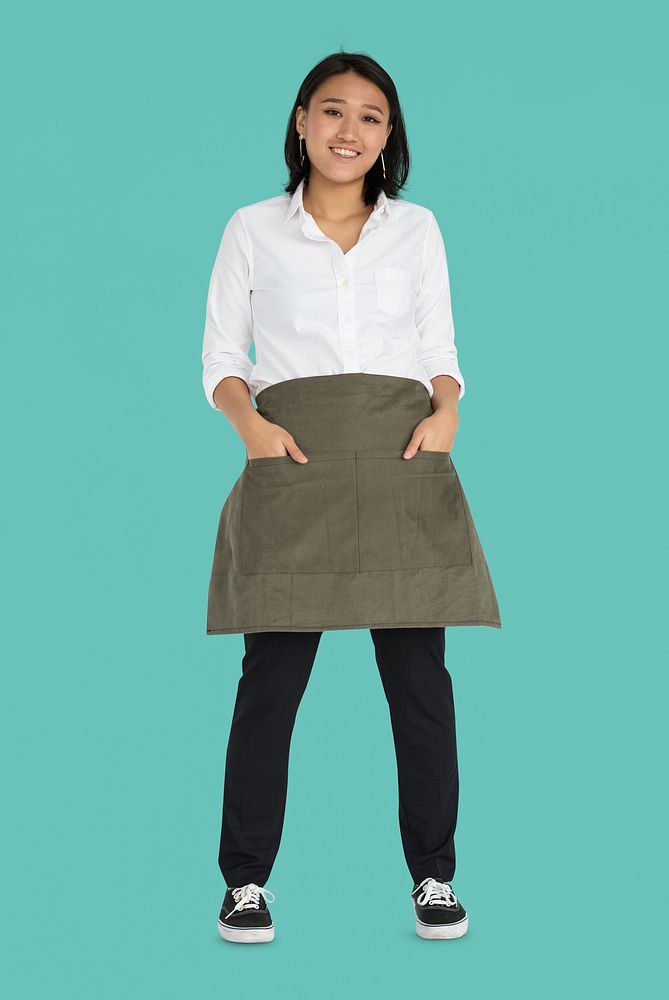 Young Asian Woman Casual Apron Smiling
