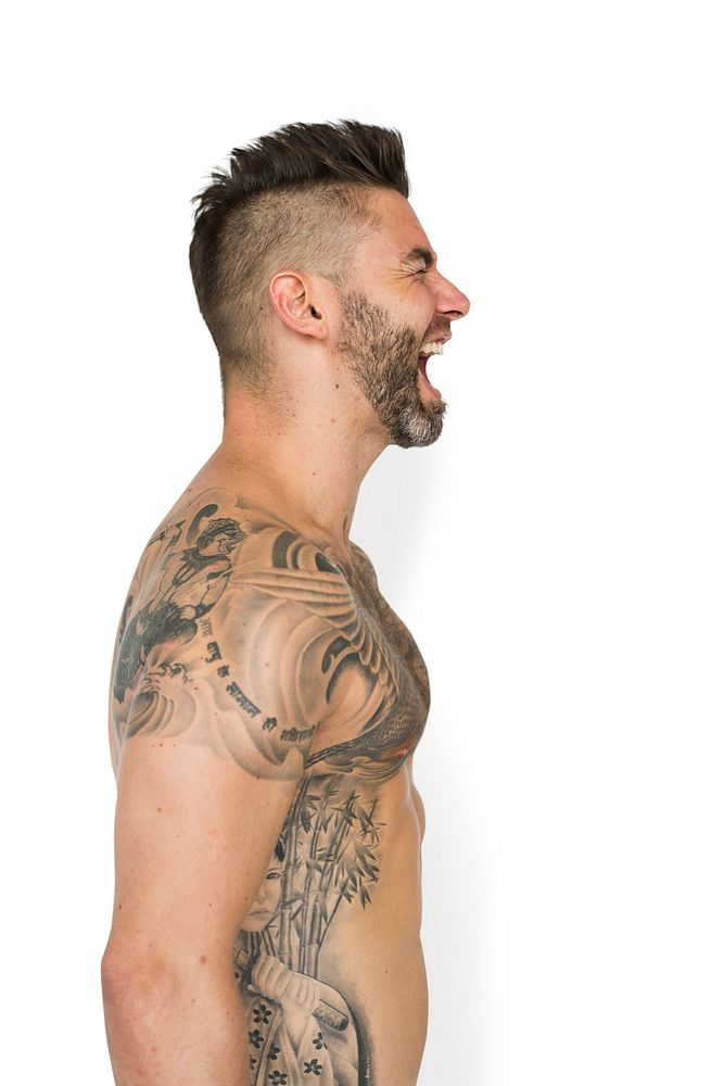 Adult Men Shirtless Tattoo Screaming Studio