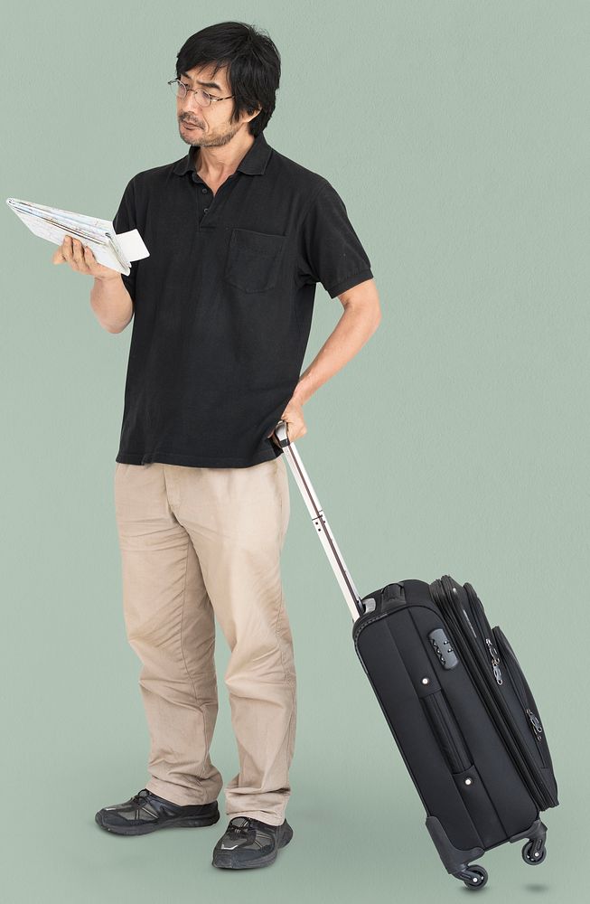 Asian Man Travelling Map Luggage