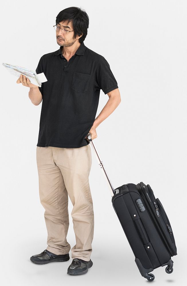 Asian Man Travelling Map Luggage