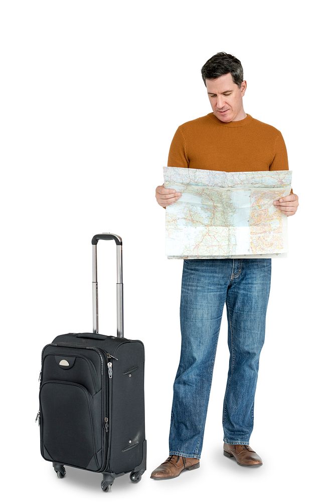 Portrait of a traveler man looking at a map