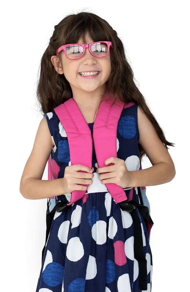 Little Girl Backpack Glasses Smiling