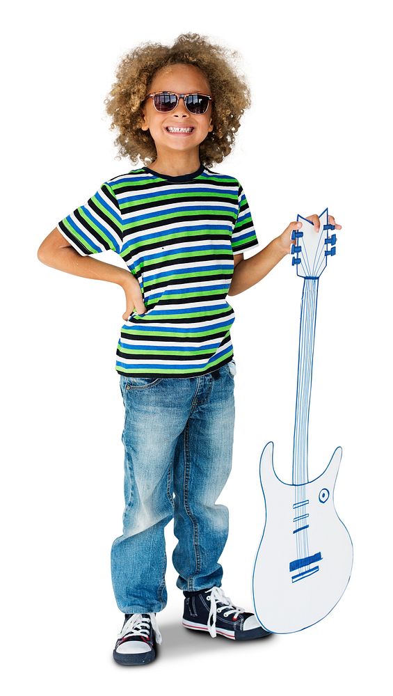 Portrait of a Little African Descent Boy with a Guitar Isolated