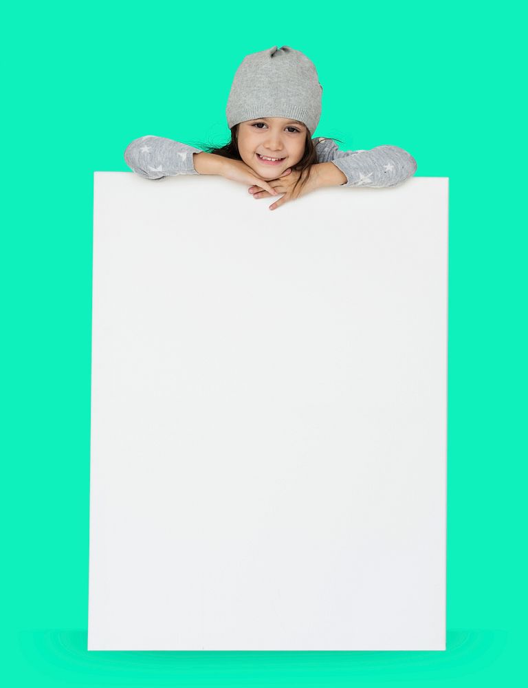 Girl resting her head on a big blank placard