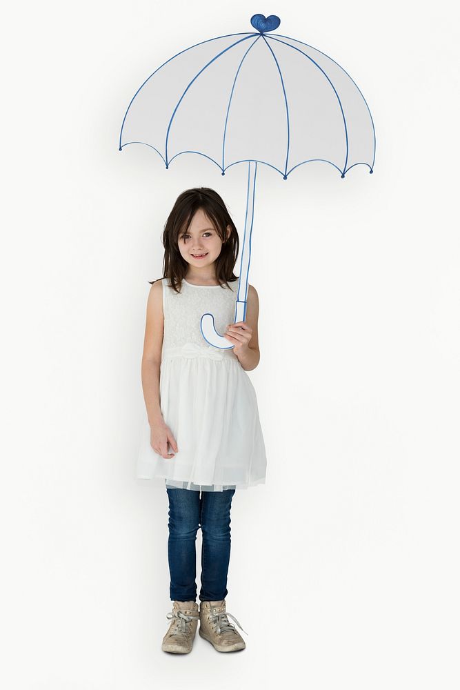 Portrait of a Little Caucasian Girl Smiling with an Umbrella Isolated