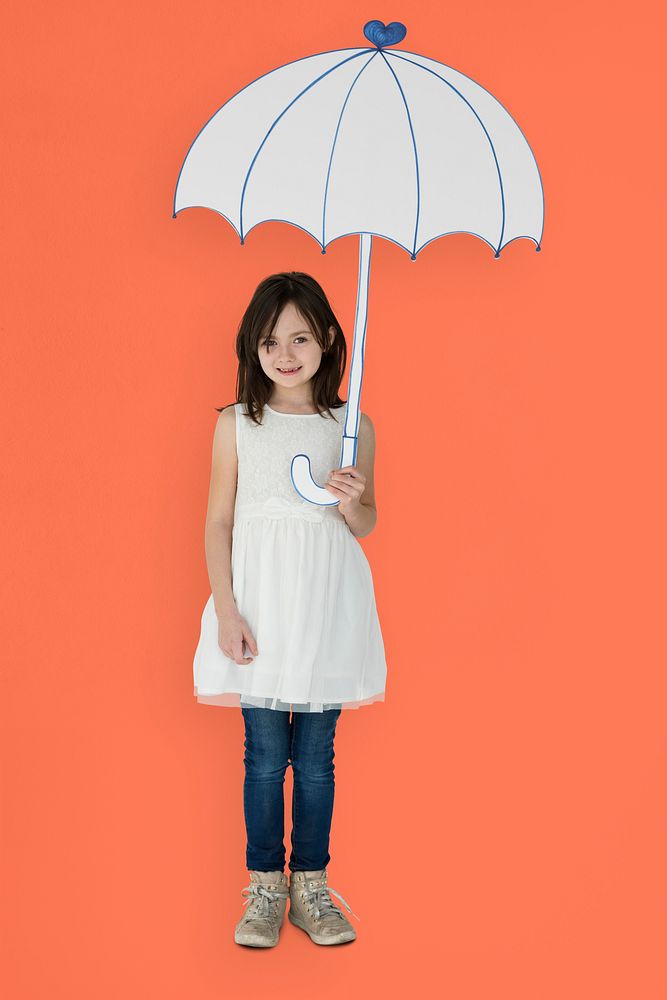 Portrait of a Little Caucasian Girl Smiling with an Umbrella Isolated